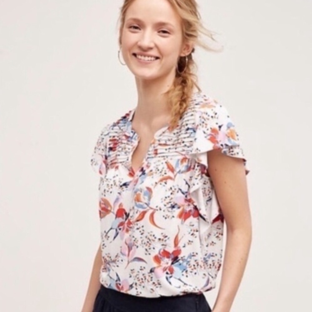 Anthropologie floral flutter sleeve top